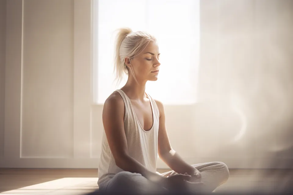 Woman sitting calmly with eyes closed in a sunlit room