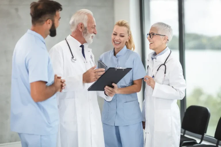 Healthcare professionals reviewing information together